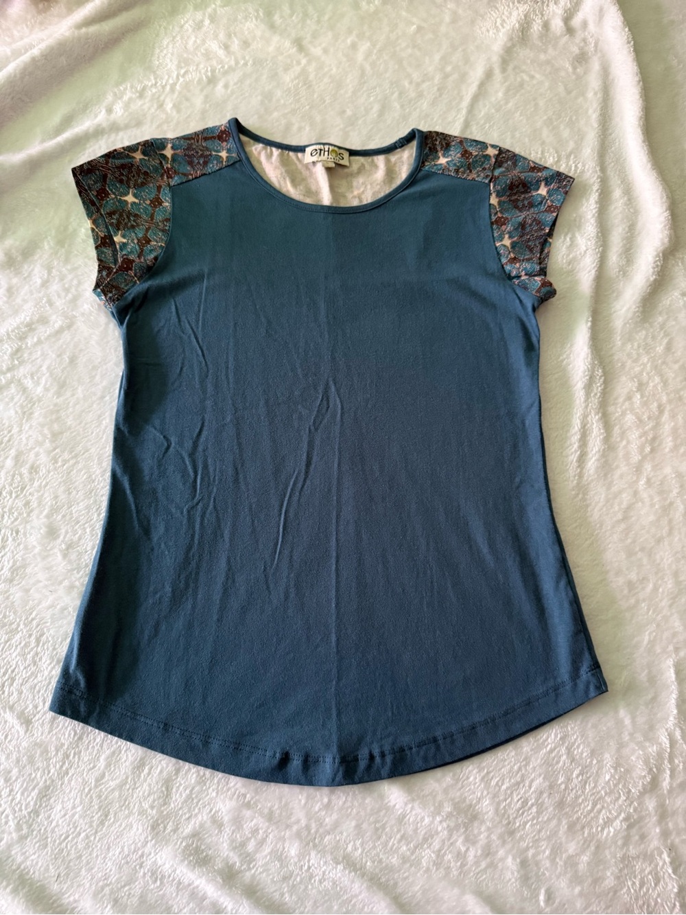 Ethos Geometric Contrast Short Sleeves Teal Top S